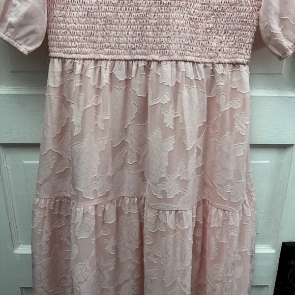 Merokeety Pink Smocked Midi Dress M Cottagecore Puff Sleeve Tiered - Picture 5 of 13